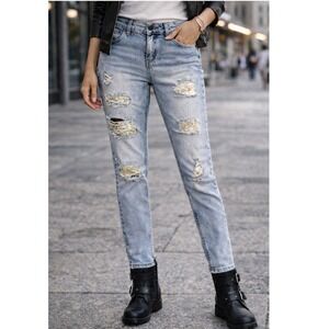 Rewash Light Wash Reunion‎ Skinny Sequin Patch Ripped Jeans Womens Size 0